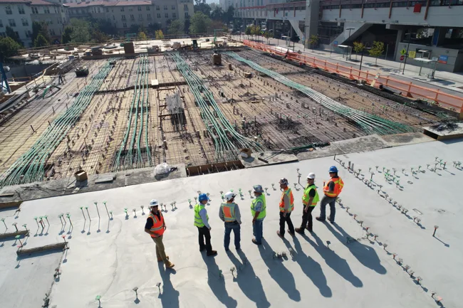 Construction workers and activity at a building site